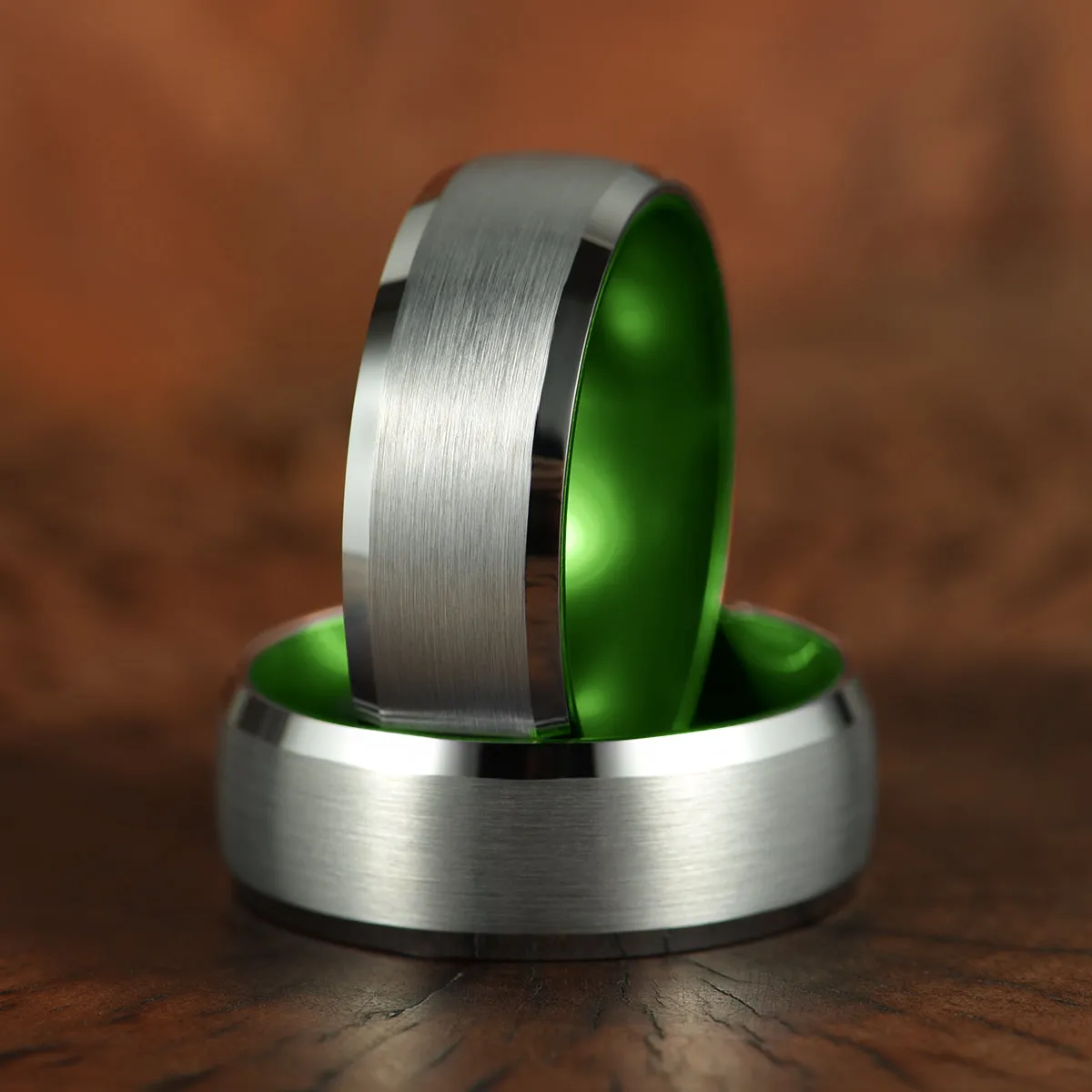 Pristine Passion Green Interior Silver Tungsten Wedding Band 4MM