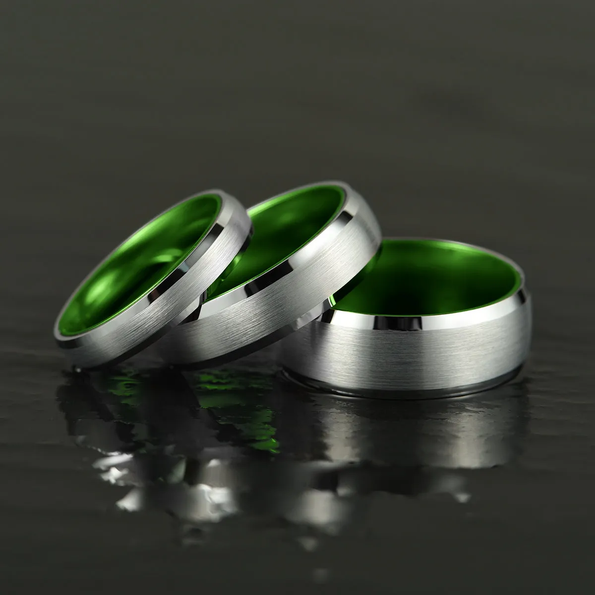 Pristine Passion Green Interior Silver Tungsten Wedding Band 4MM