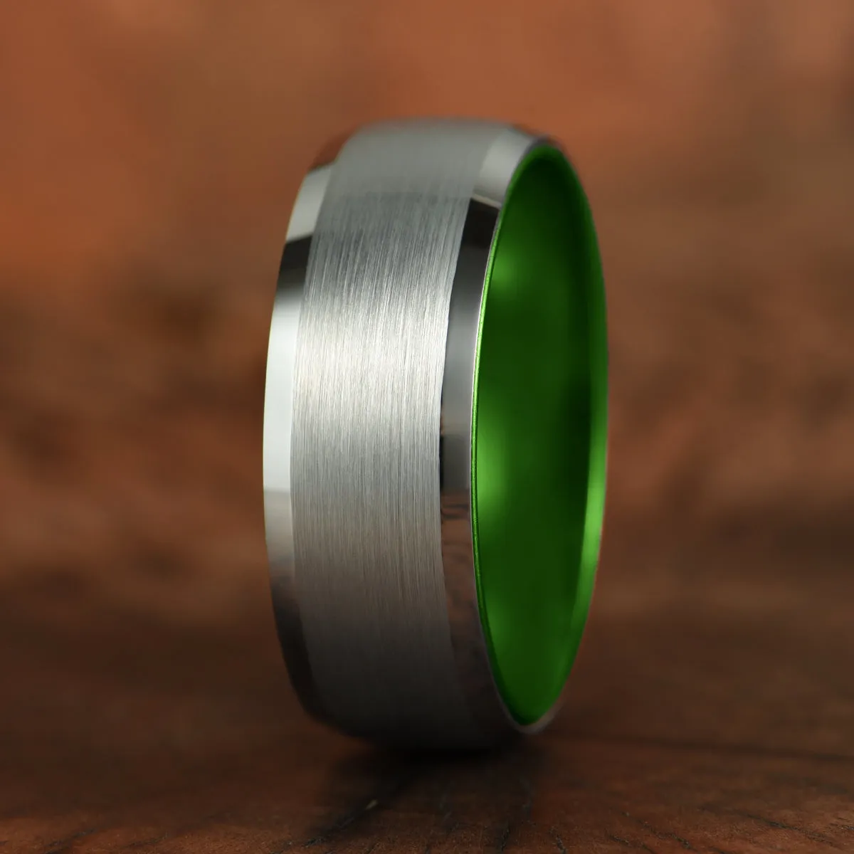 Pristine Passion Green Interior Silver Tungsten Wedding Band 4MM