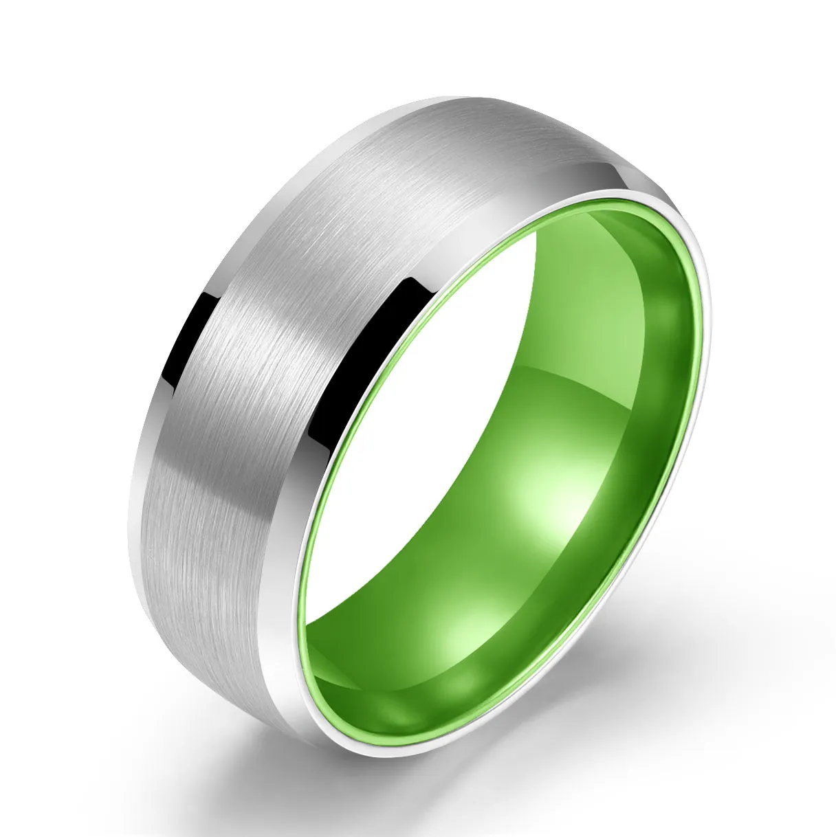 Pristine Passion Green Interior Silver Tungsten Wedding Band 4MM