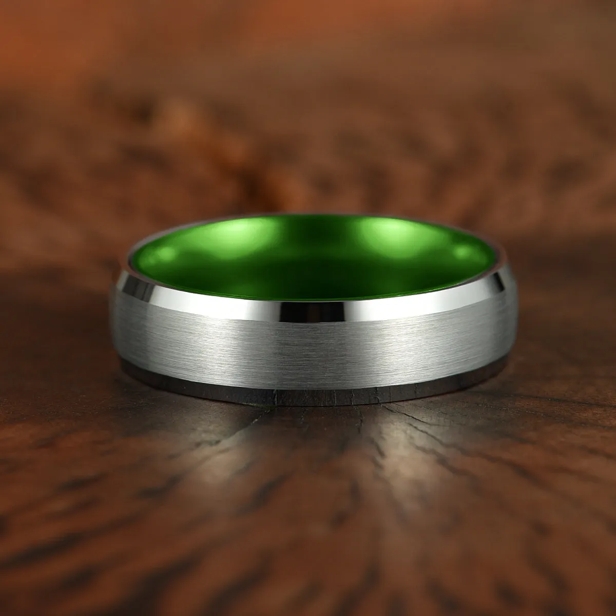 Pristine Passion Green Interior Silver Tungsten Wedding Band 4MM
