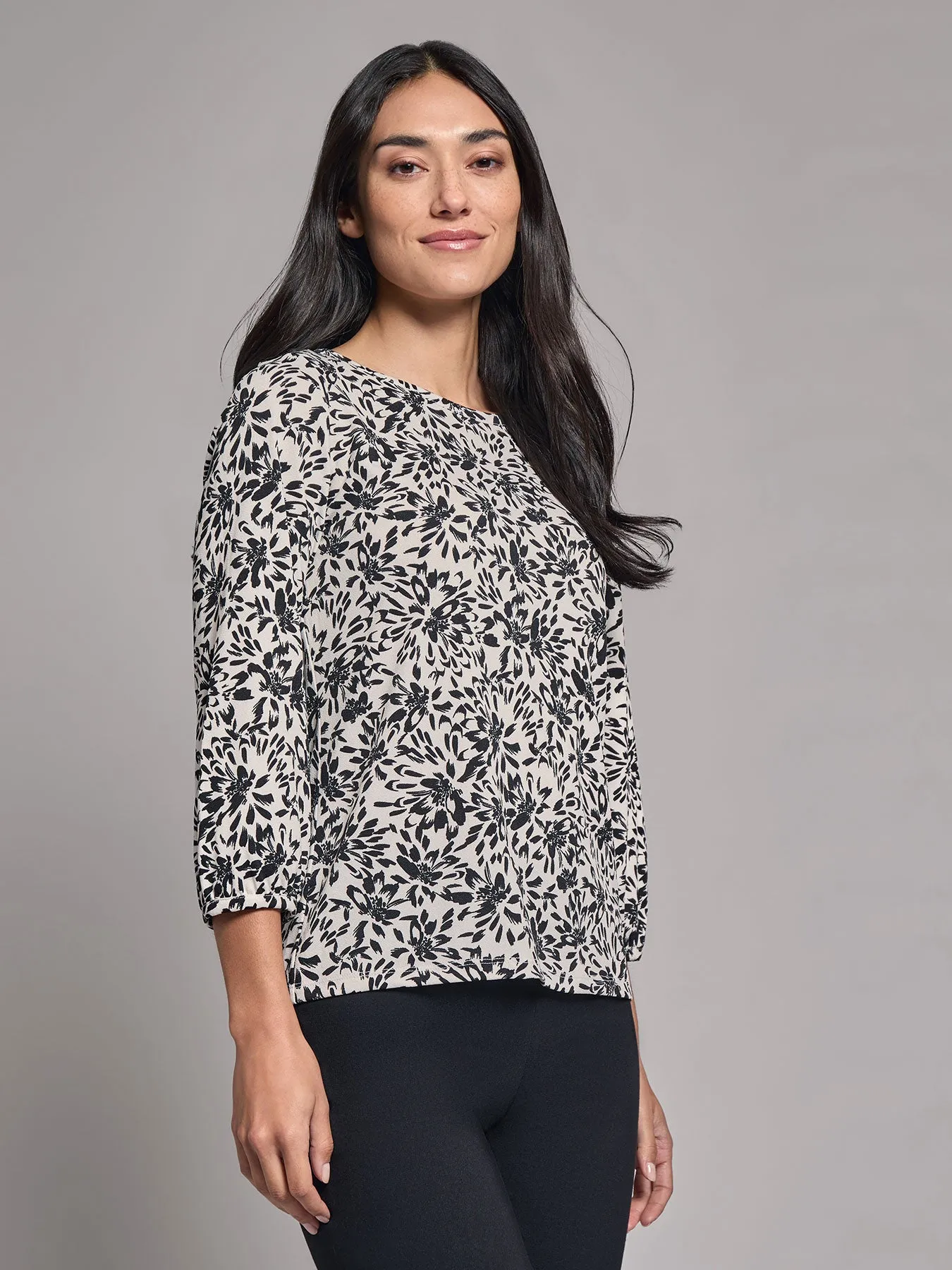 Puff Sleeve Printed Moss Crepe Top