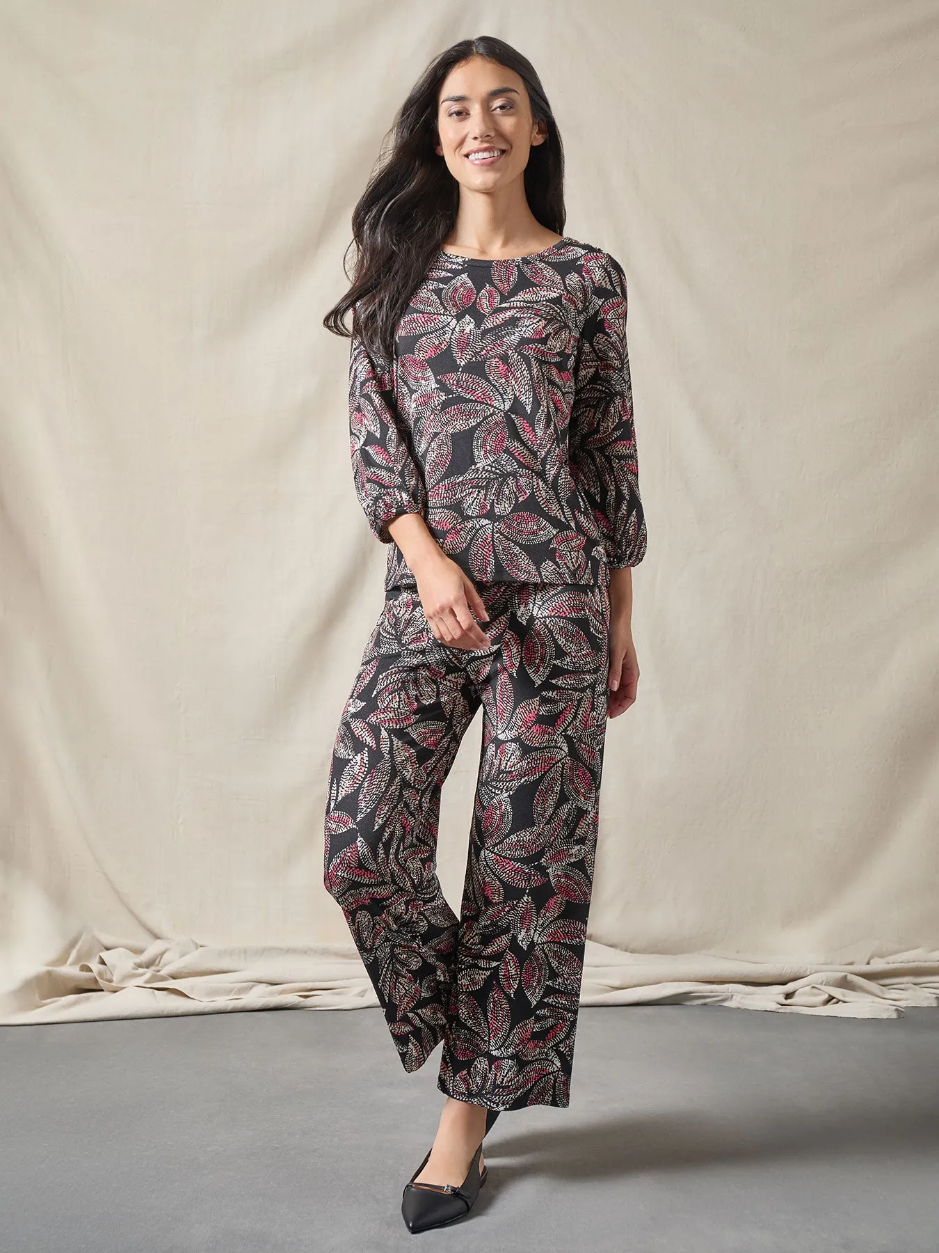 Puff Sleeve Printed Moss Crepe Top
