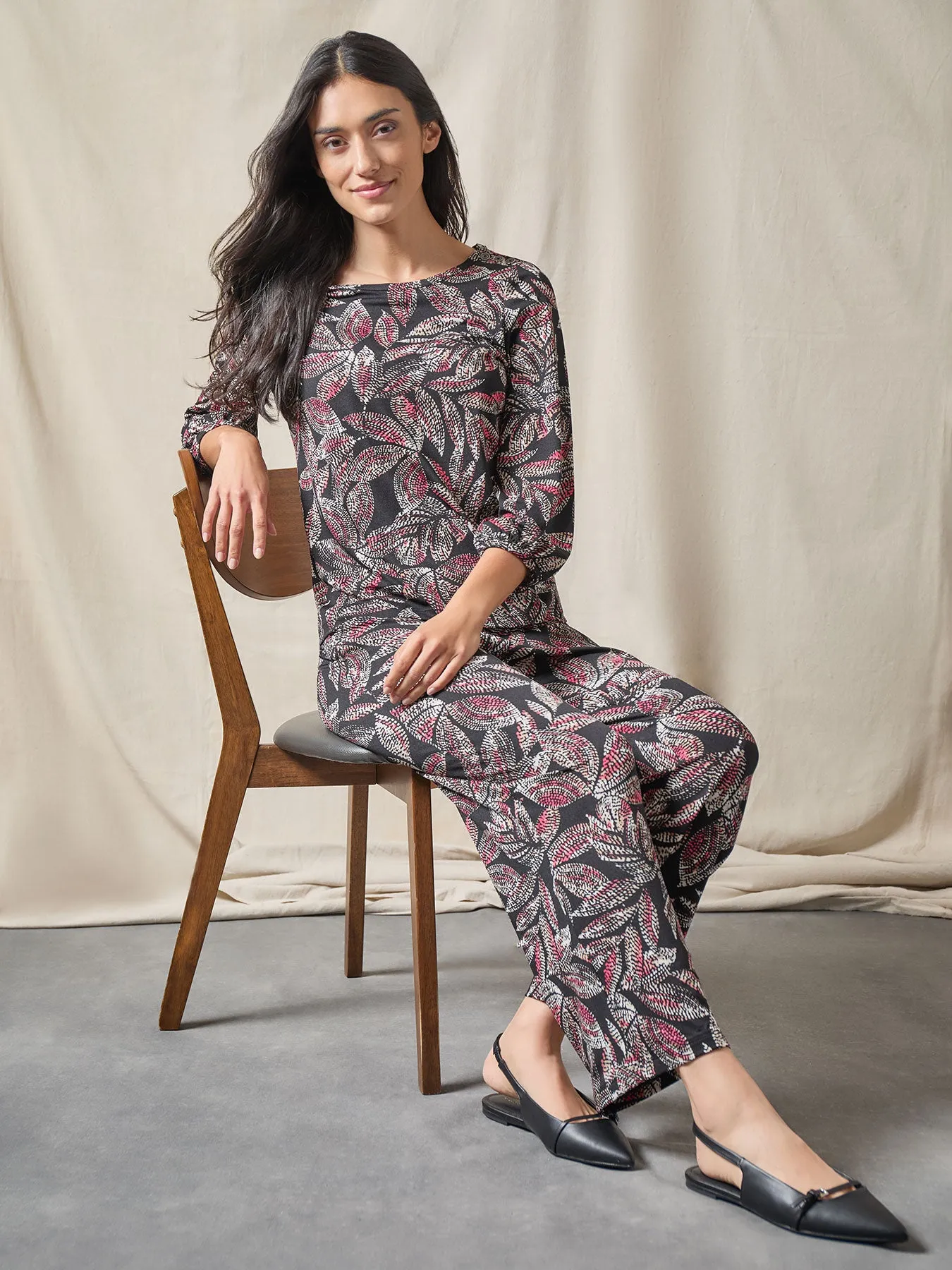 Puff Sleeve Printed Moss Crepe Top