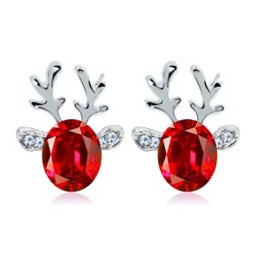Purplish Red Crystal & Cubic Zirconia Reindeer Oval Stud Earrings