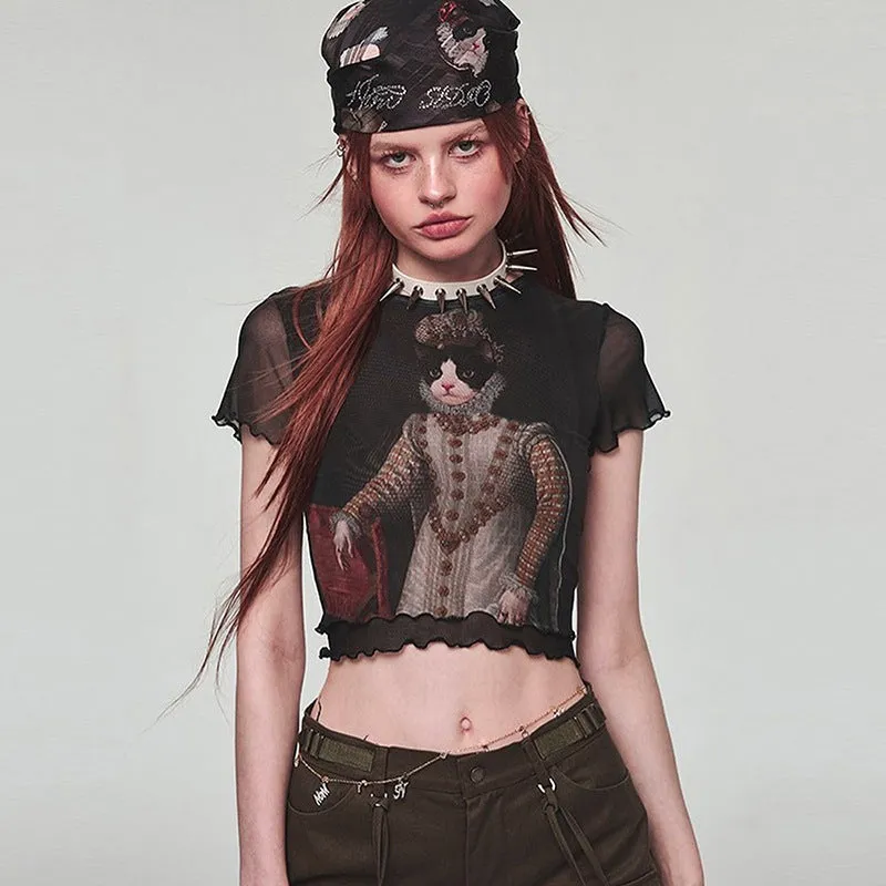Q23TP318European and American Retro Hot Girl Style Cat Printing Mesh Top Women's Clothing Fashion Trendy Style Summer New