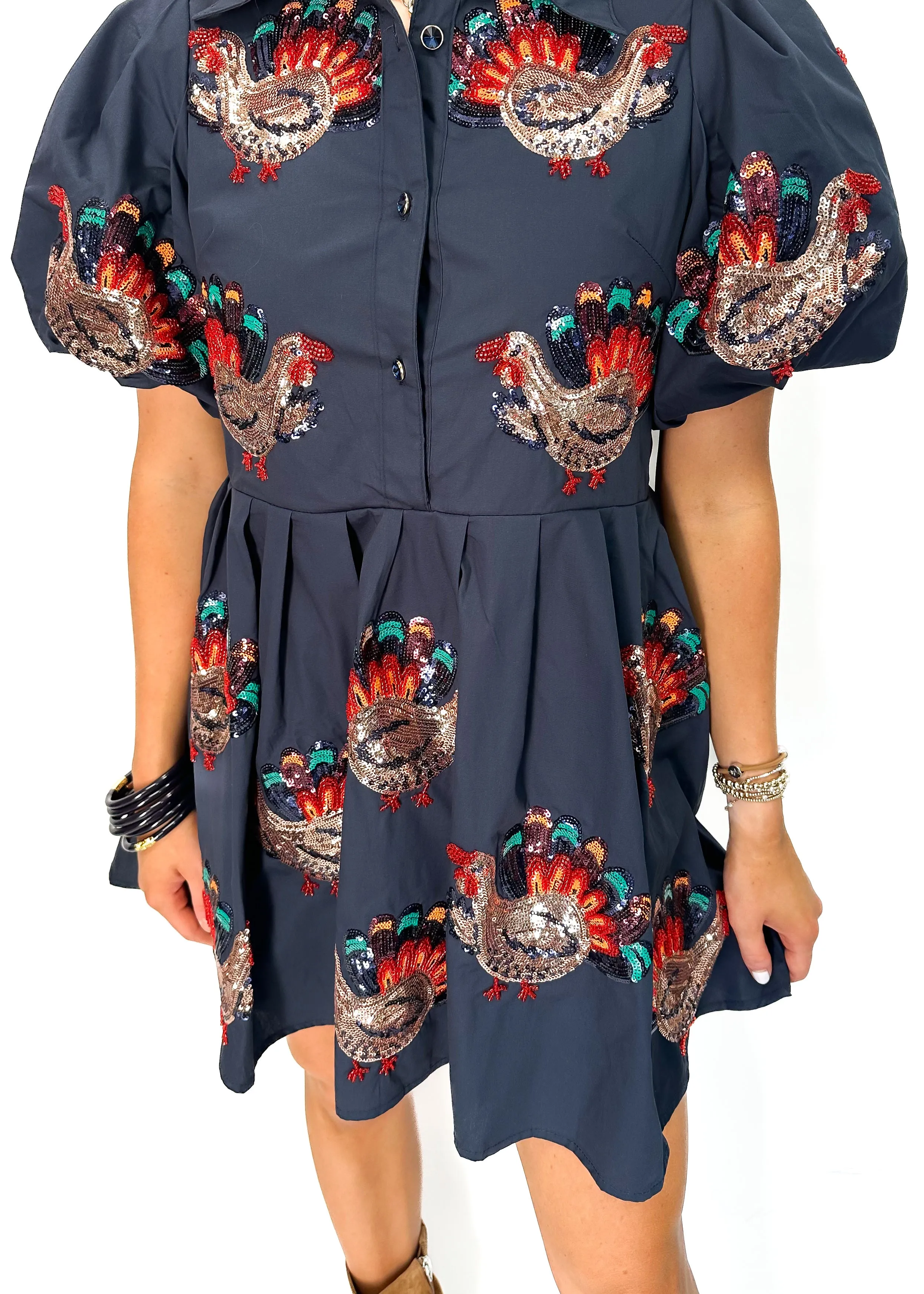 Queen of Sparkles Dark Blue Beaded Turkeys All Over Cotton Dress - Dark Blue