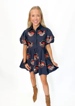 Queen of Sparkles Dark Blue Beaded Turkeys All Over Cotton Dress - Dark Blue