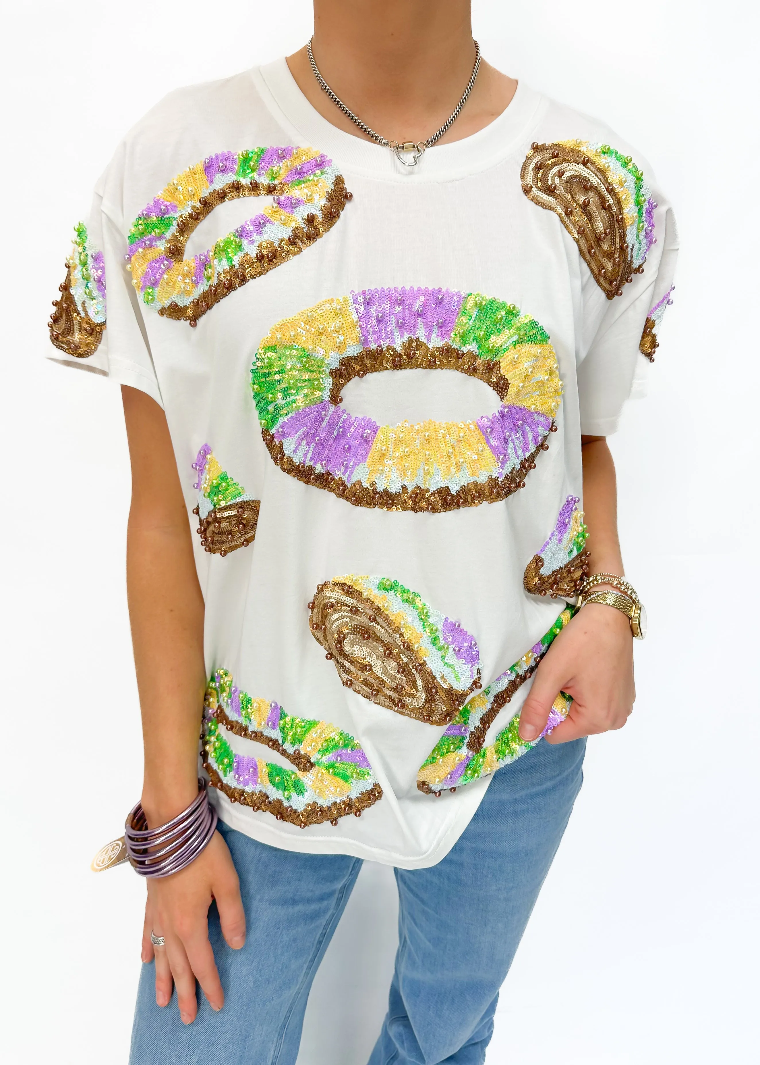 Queen of Sparkles King Cake All Over Tee - White