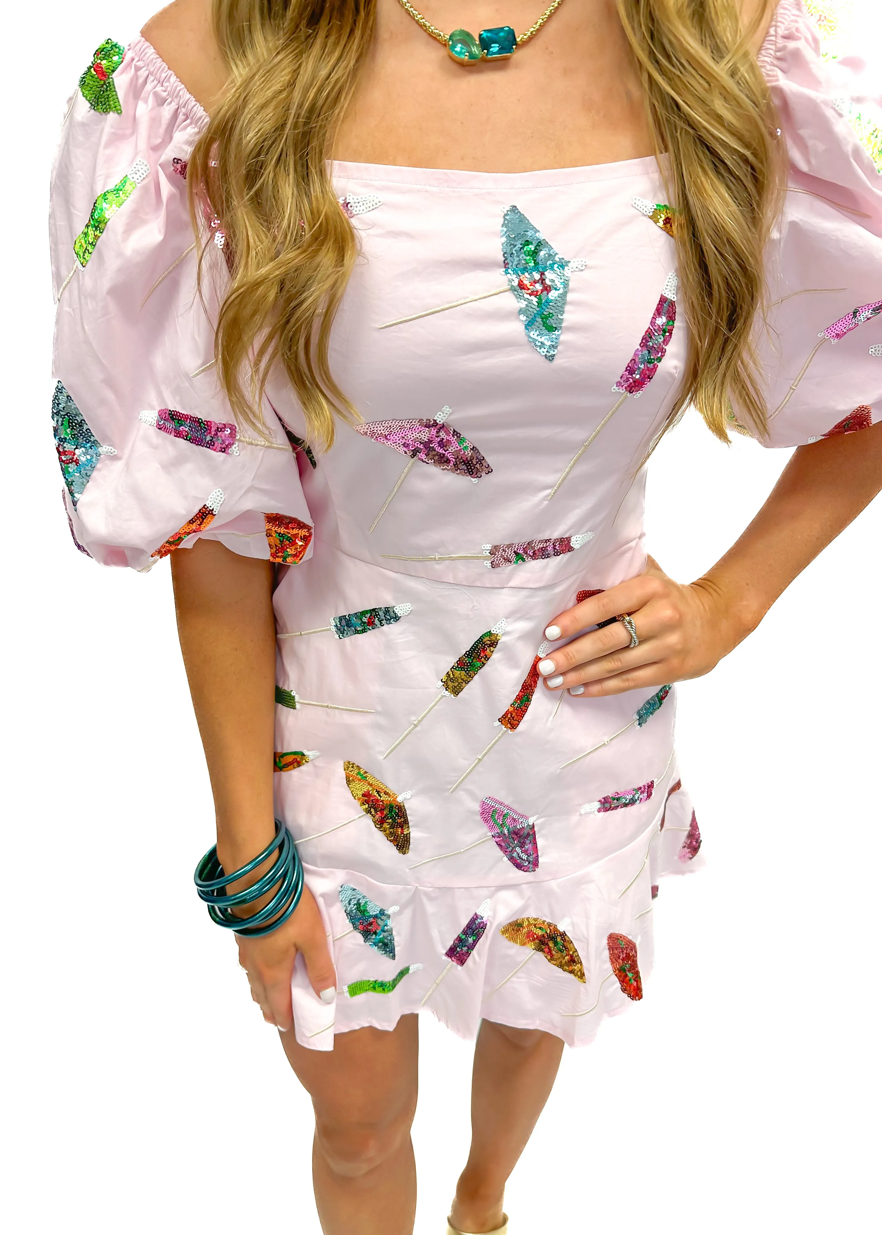 Queen of Sparkles Light Pink Umbrella Poof Sleeve Dress