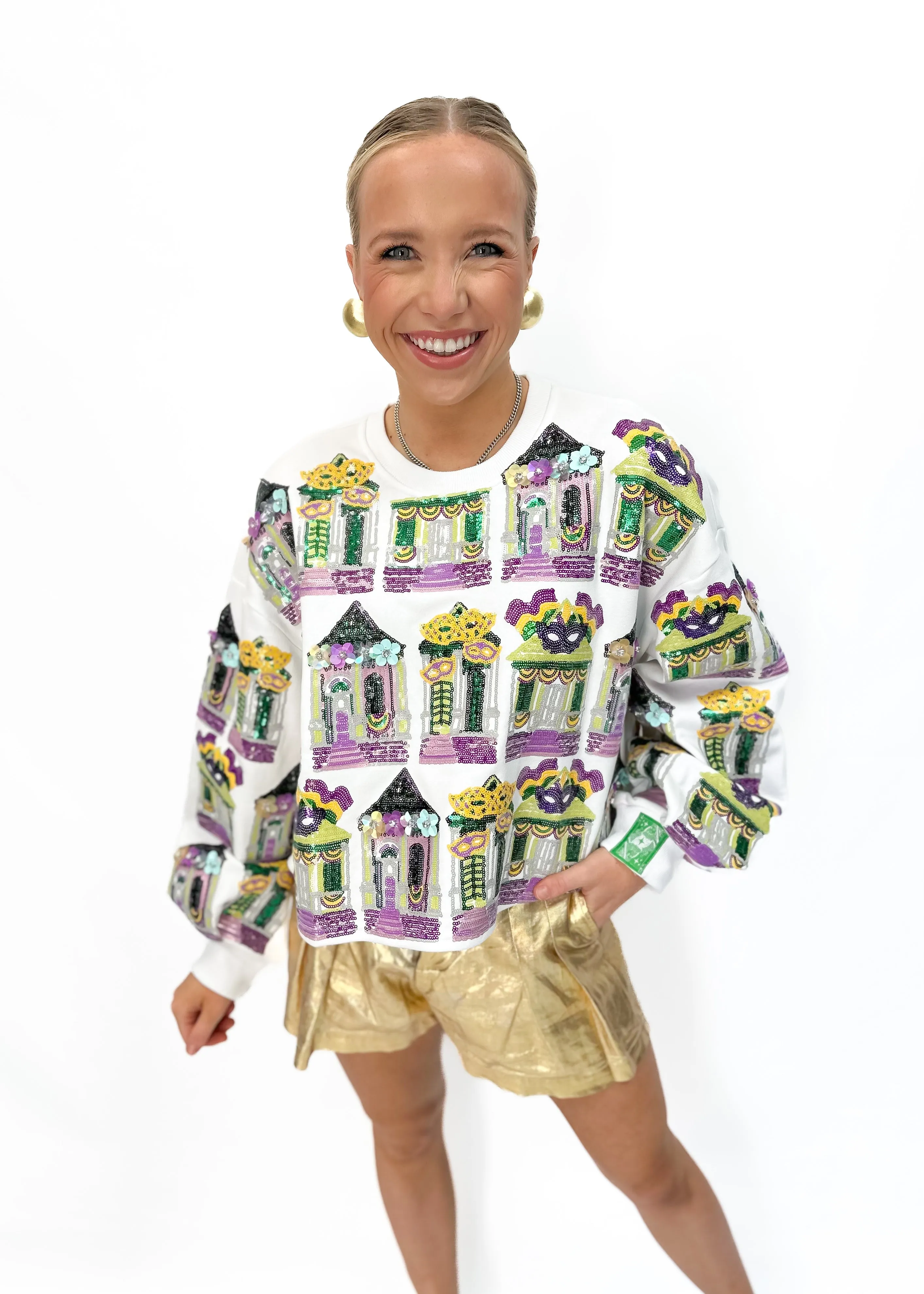 Queen of Sparkles Mardi Gras Porches Sweatshirt - White