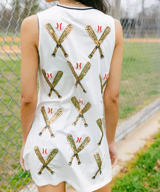 Queen of Sparkles White Scattered Baseball Bat Tank Dress