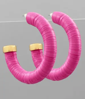 Raffia Wrapped Metal End Hoop Earrings - Fuchsia