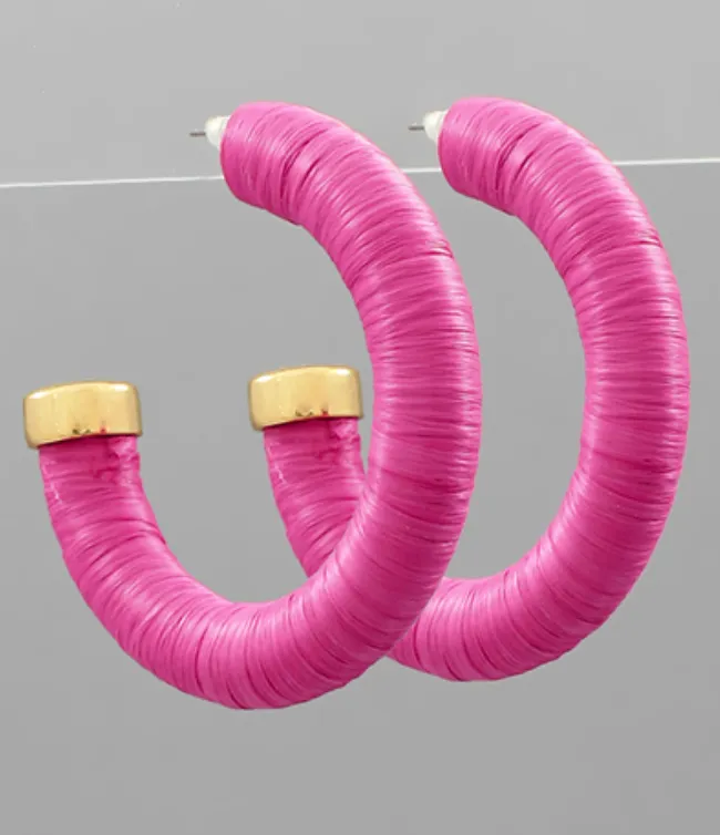 Raffia Wrapped Metal End Hoop Earrings - Fuchsia