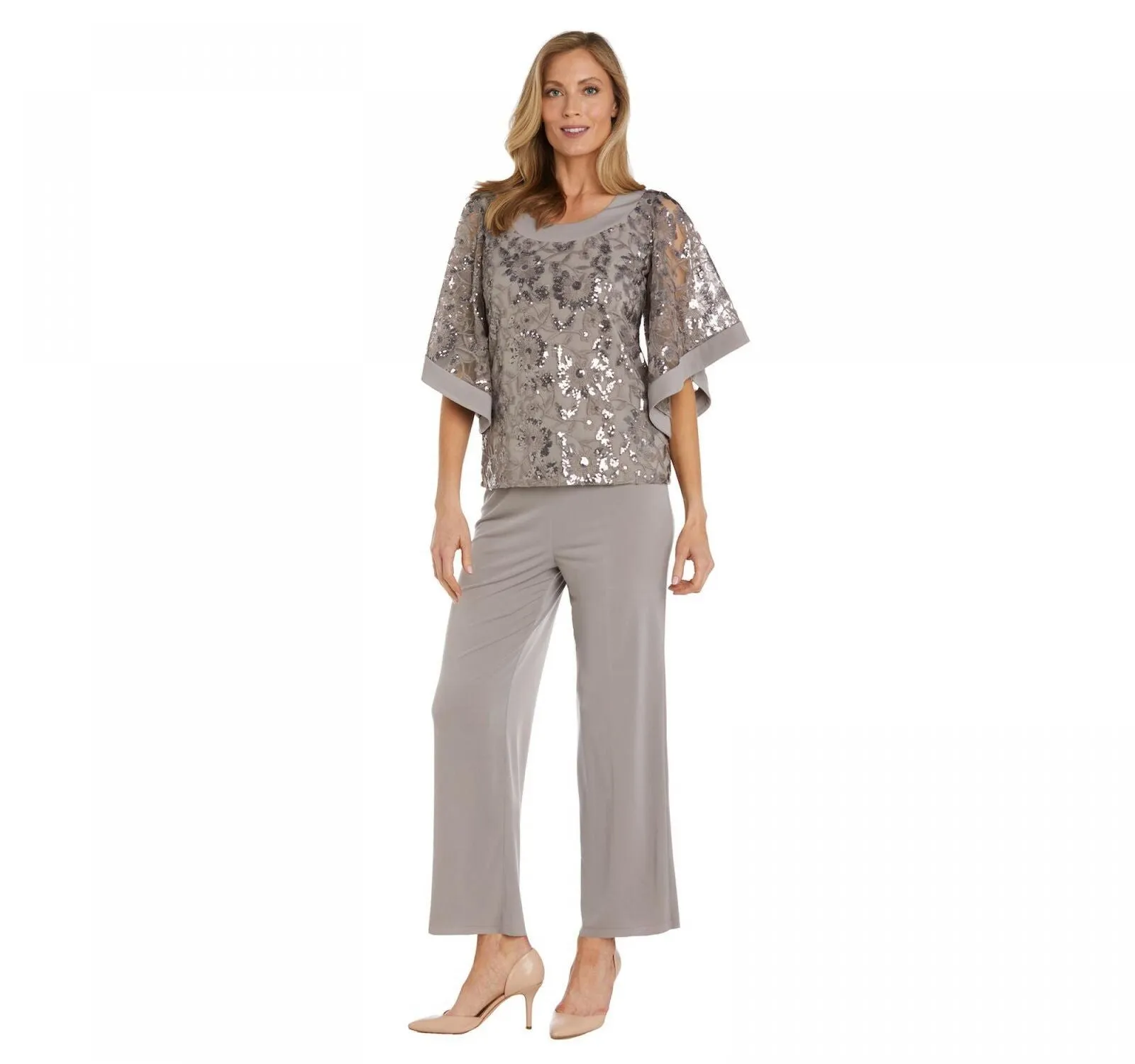 R&M Richards Women's 2-Piece Butterfly Sequin Top and Straight-Leg Pants Set