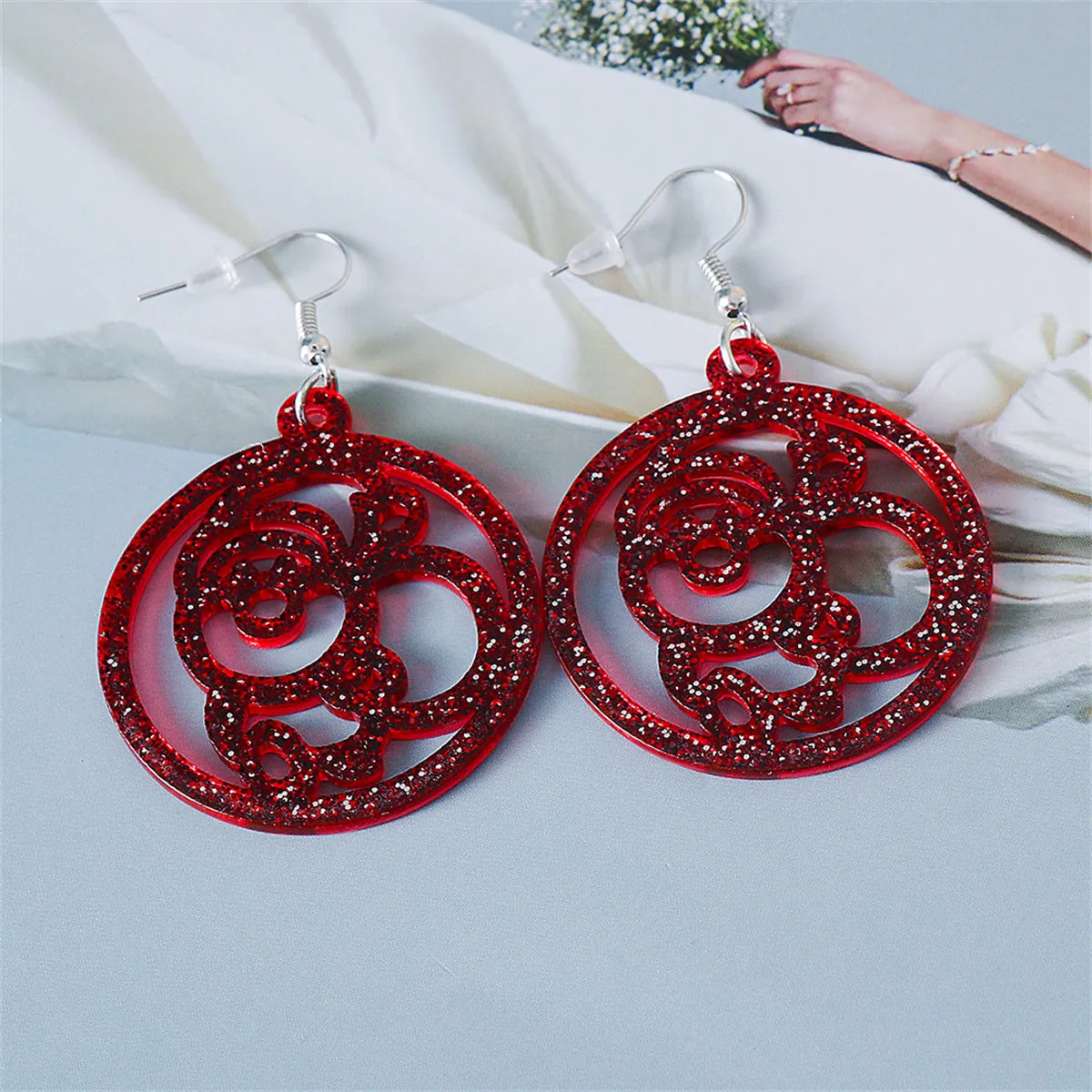Red Acrylic & Silver-Plated Glitter Openwork Santa Round Drop Earrings