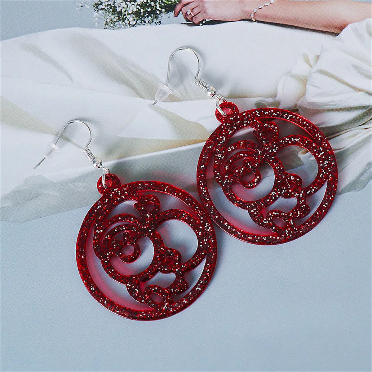 Red Acrylic & Silver-Plated Glitter Openwork Santa Round Drop Earrings