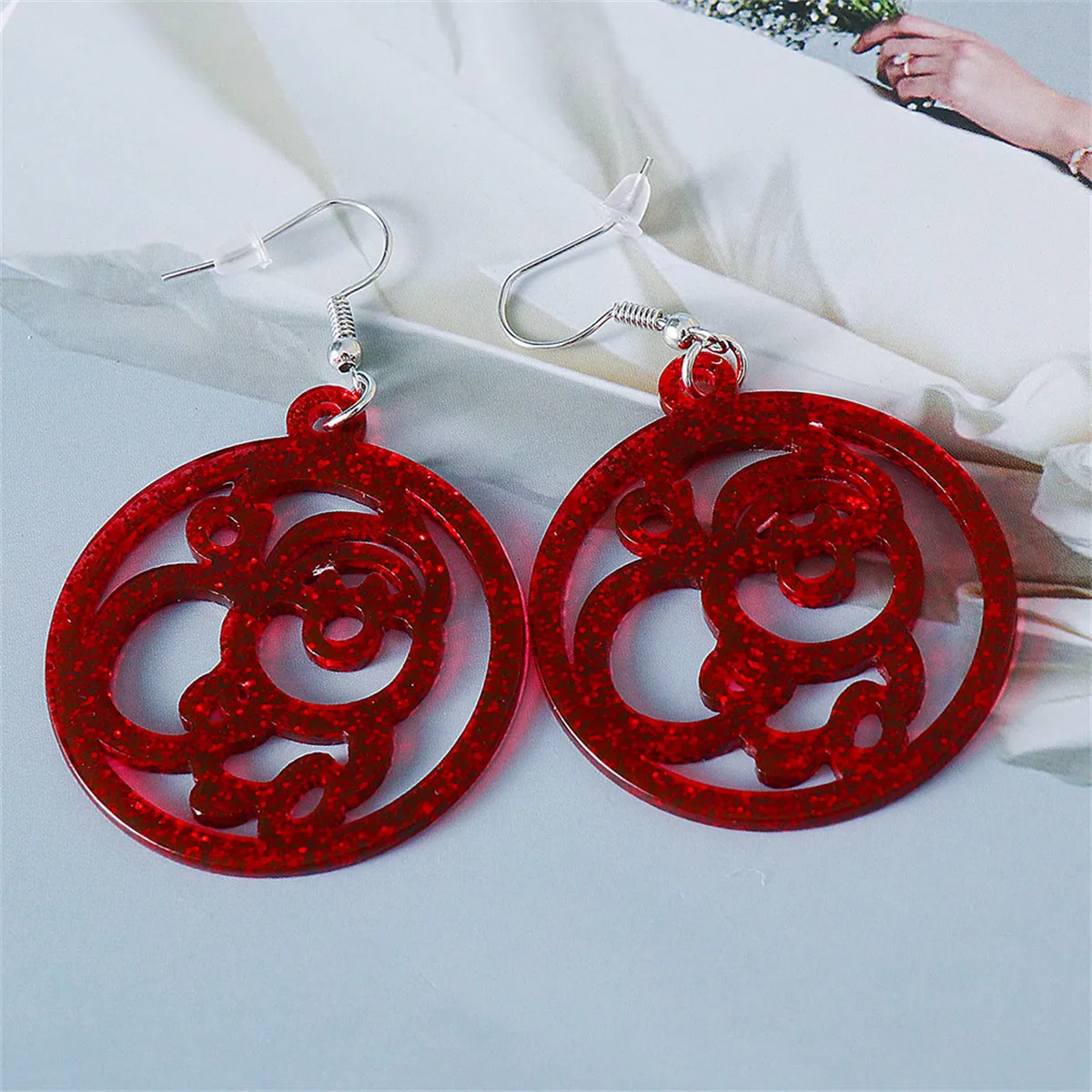 Red Acrylic & Silver-Plated Glitter Openwork Santa Round Drop Earrings