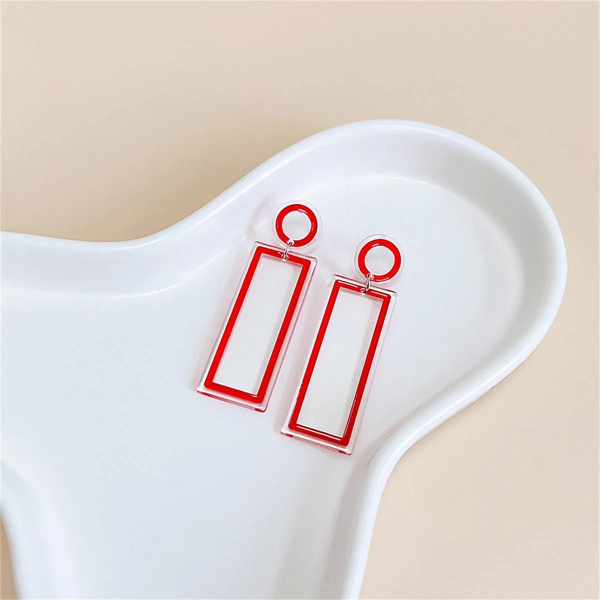 Red Acrylic & Silver-Plated Open Rectangle Drop Earrings