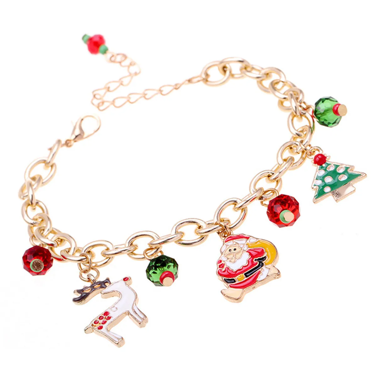 Red & Green Cubic Zirconia Santa Reindeer Cable Chain Charm Bracelet
