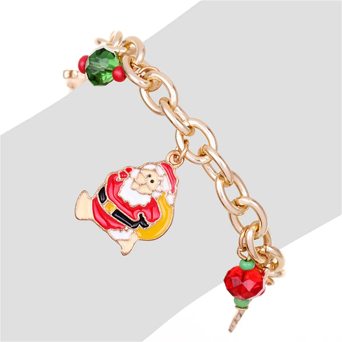 Red & Green Cubic Zirconia Santa Reindeer Cable Chain Charm Bracelet