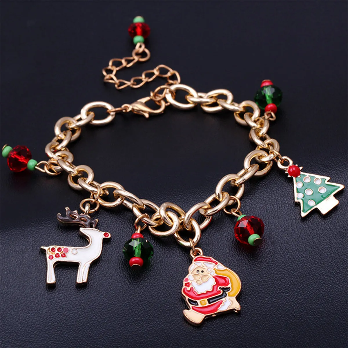 Red & Green Cubic Zirconia Santa Reindeer Cable Chain Charm Bracelet