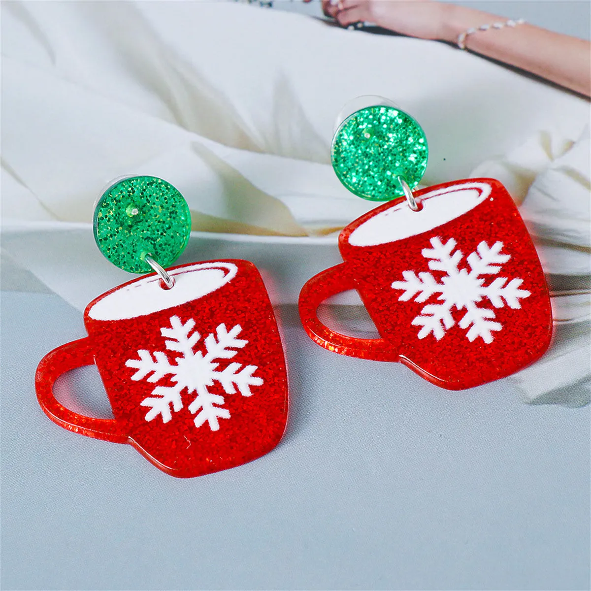 Red & Green Glitter Tiered Snowflake Cup Drop Earrings