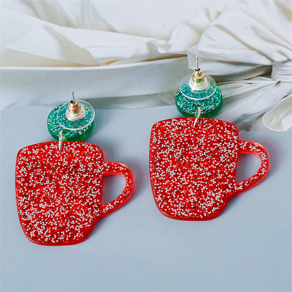 Red & Green Glitter Tiered Snowflake Cup Drop Earrings
