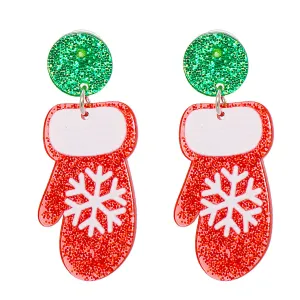 Red & Green Glitter Tiered Snowflake Glove Drop Earrings