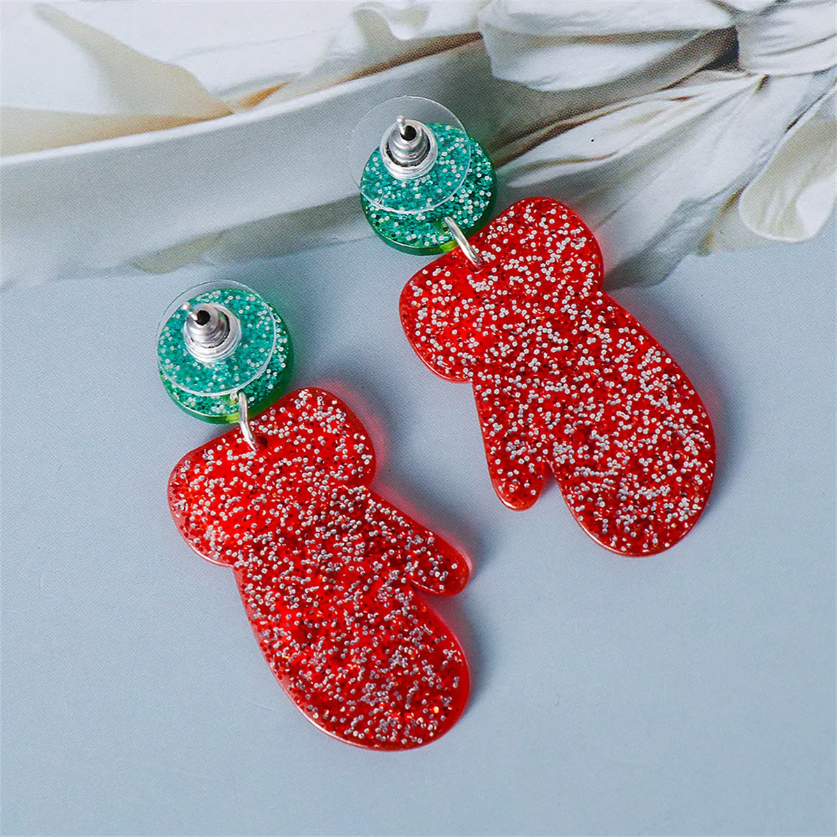 Red & Green Glitter Tiered Snowflake Glove Drop Earrings