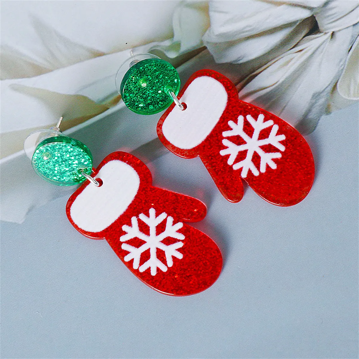 Red & Green Glitter Tiered Snowflake Glove Drop Earrings