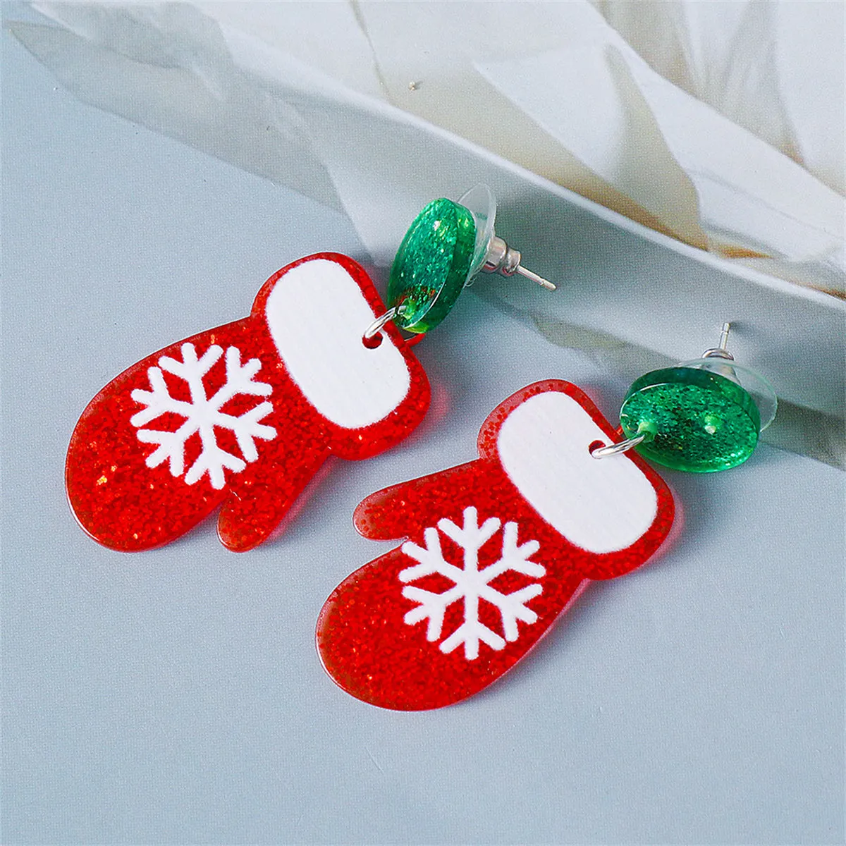 Red & Green Glitter Tiered Snowflake Glove Drop Earrings