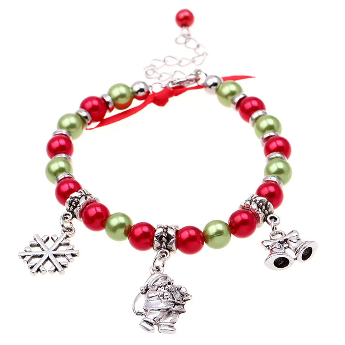 Red & Green Santa Snowflake Bell Beaded Charm Bracelet