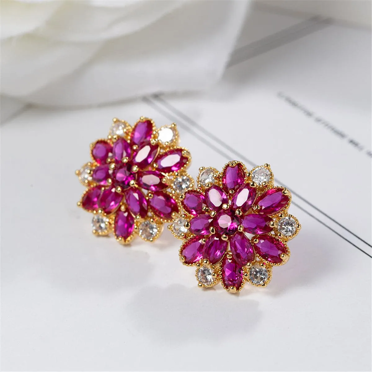 Red Corundum & Cubic Zirconia Floral Stud Earrings