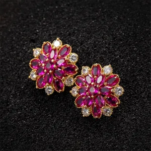 Red Corundum & Cubic Zirconia Floral Stud Earrings