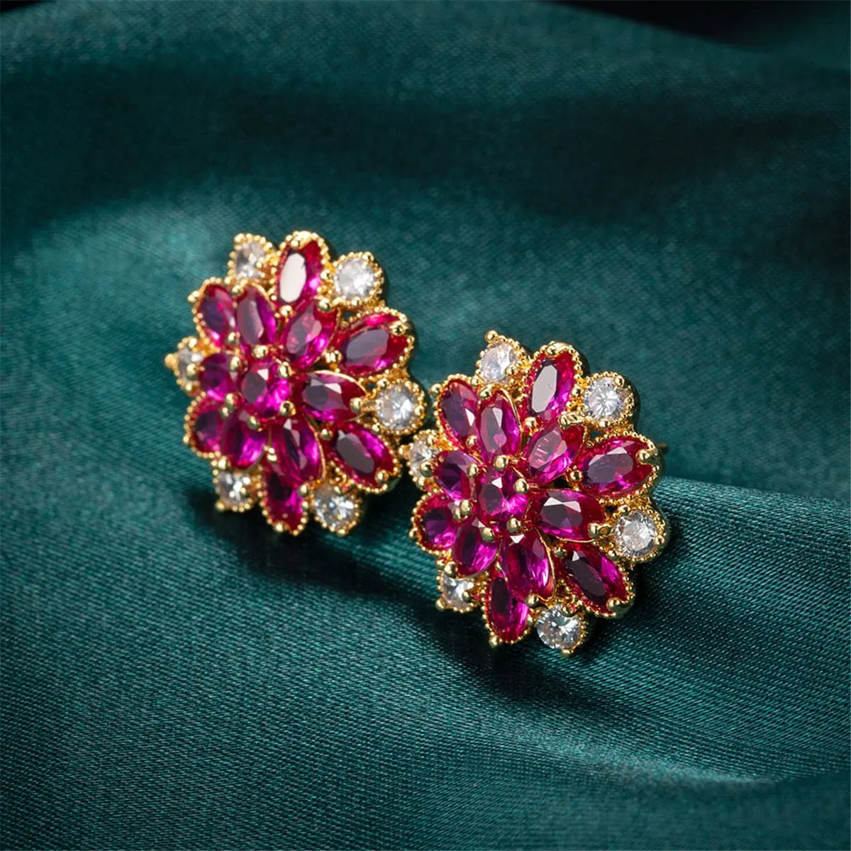 Red Corundum & Cubic Zirconia Floral Stud Earrings