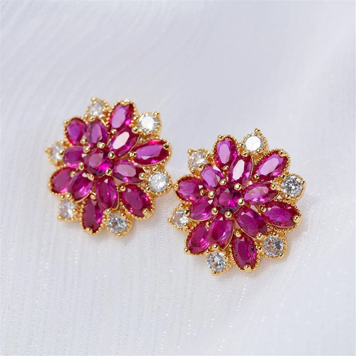 Red Corundum & Cubic Zirconia Floral Stud Earrings