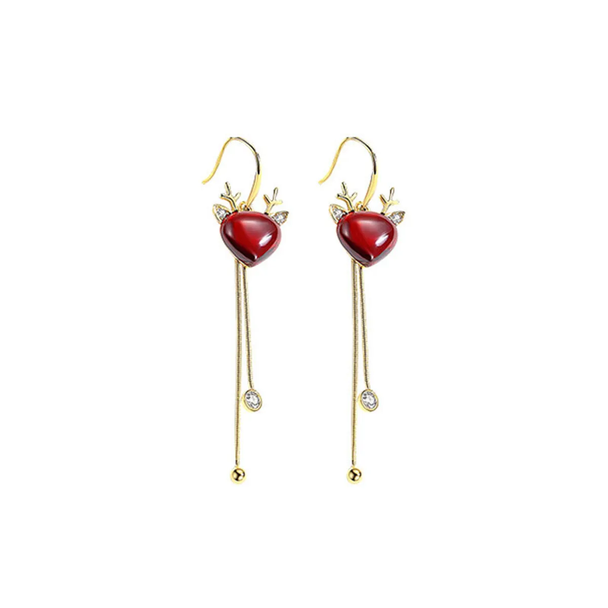 Red Crystal & Cubic Zirconia Reindeer Pear Tassel Drop Earrings