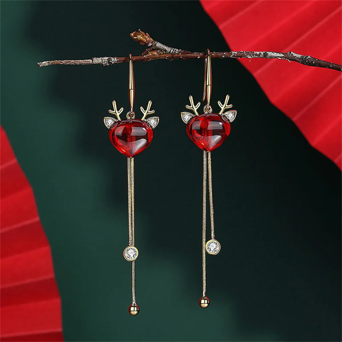 Red Crystal & Cubic Zirconia Reindeer Pear Tassel Drop Earrings