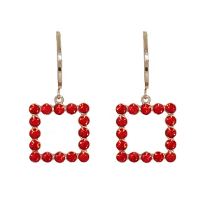 Red Cubic Zirconia & 18K Gold-Plated Open Square Drop Earrings
