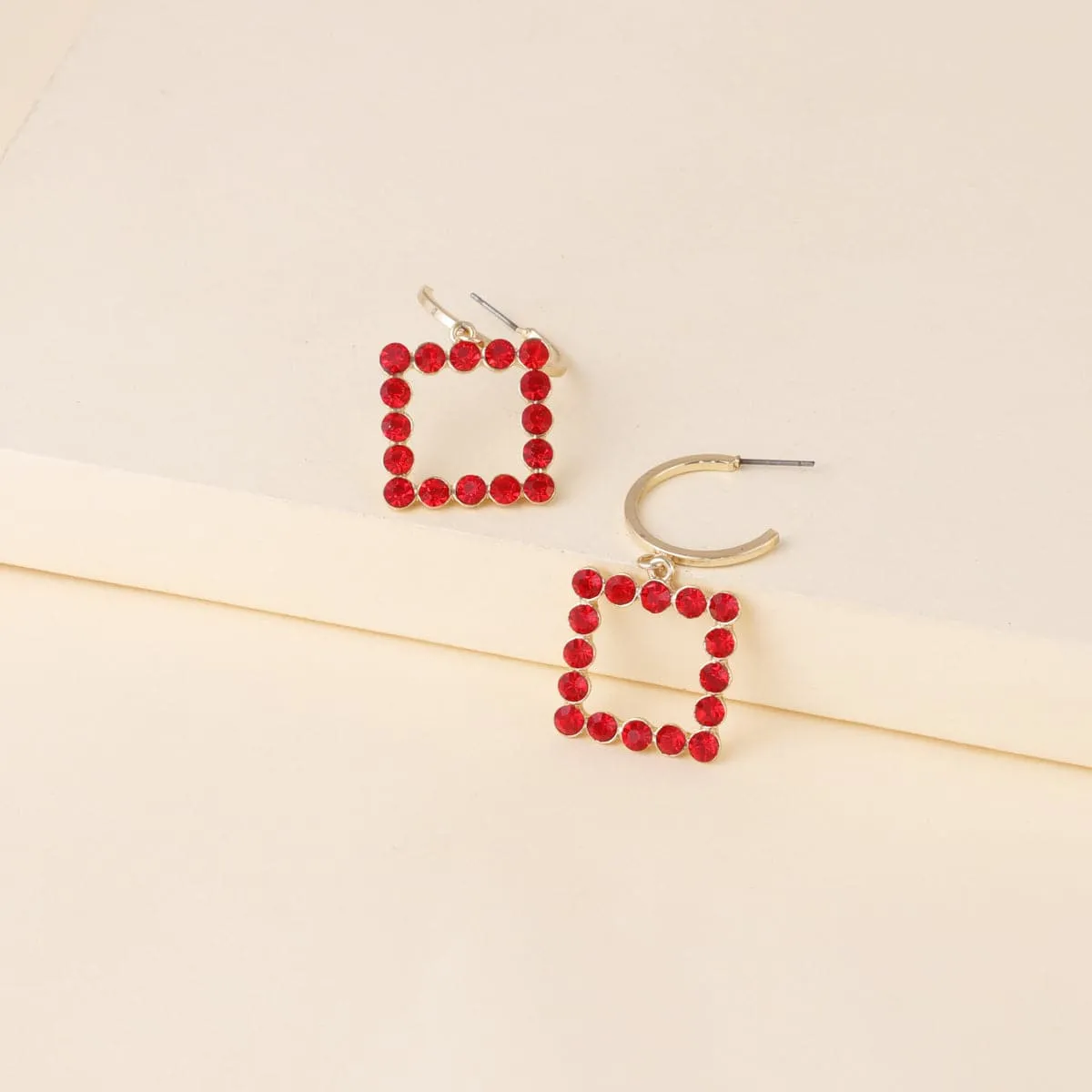 Red Cubic Zirconia & 18K Gold-Plated Open Square Drop Earrings