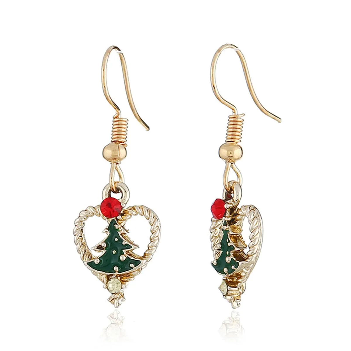 Red Cubic Zirconia & Green Enamel Openwork Heart Tree Drop Earrings