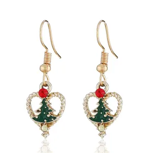 Red Cubic Zirconia & Green Enamel Openwork Heart Tree Drop Earrings