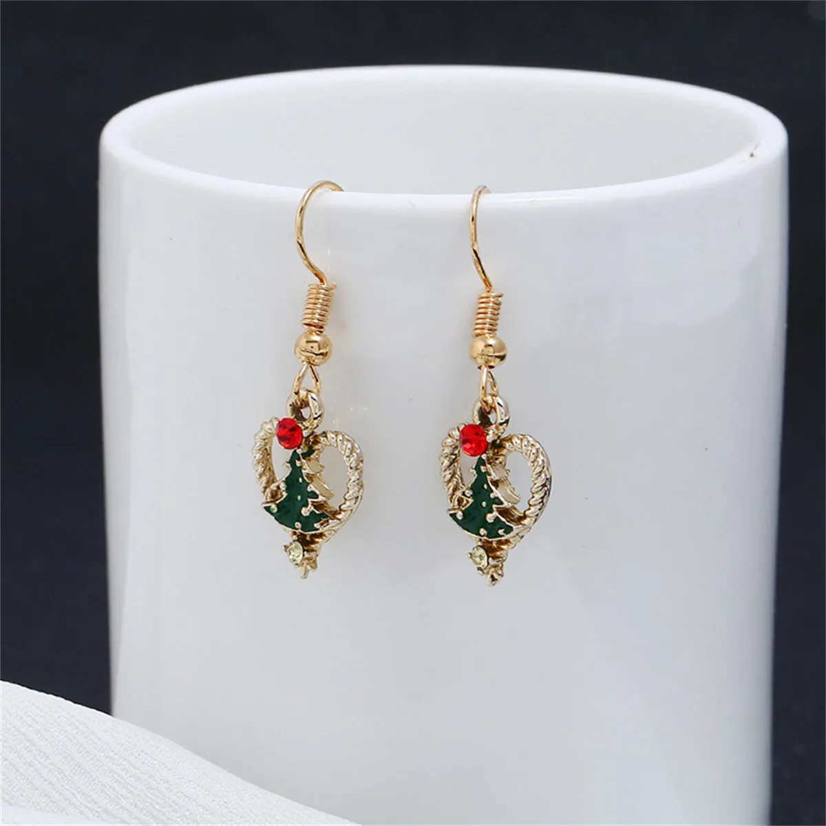 Red Cubic Zirconia & Green Enamel Openwork Heart Tree Drop Earrings