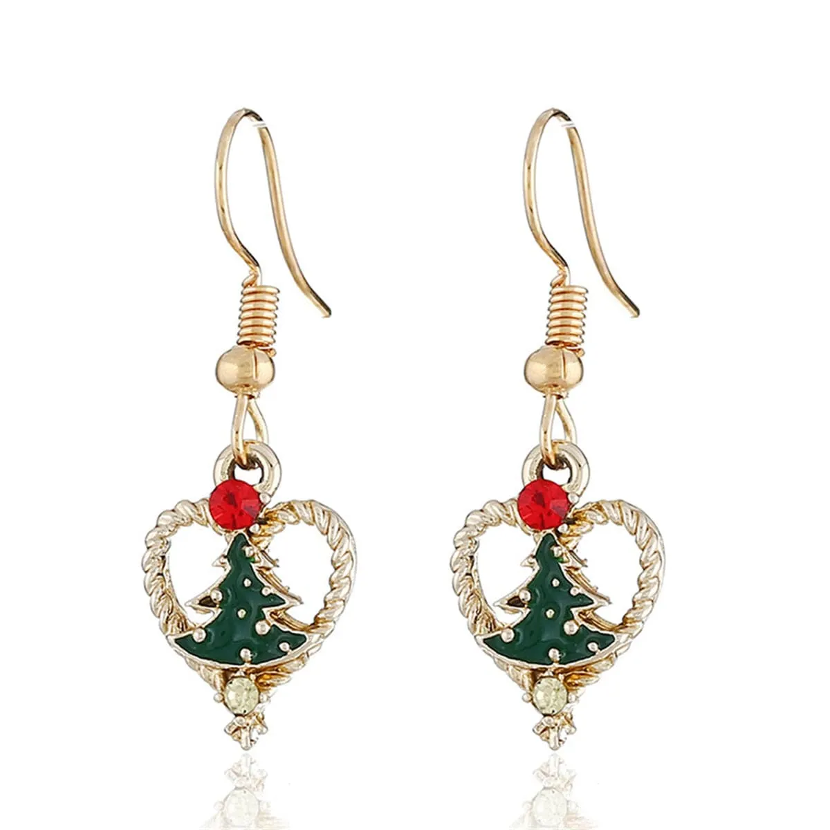 Red Cubic Zirconia & Green Enamel Openwork Heart Tree Drop Earrings