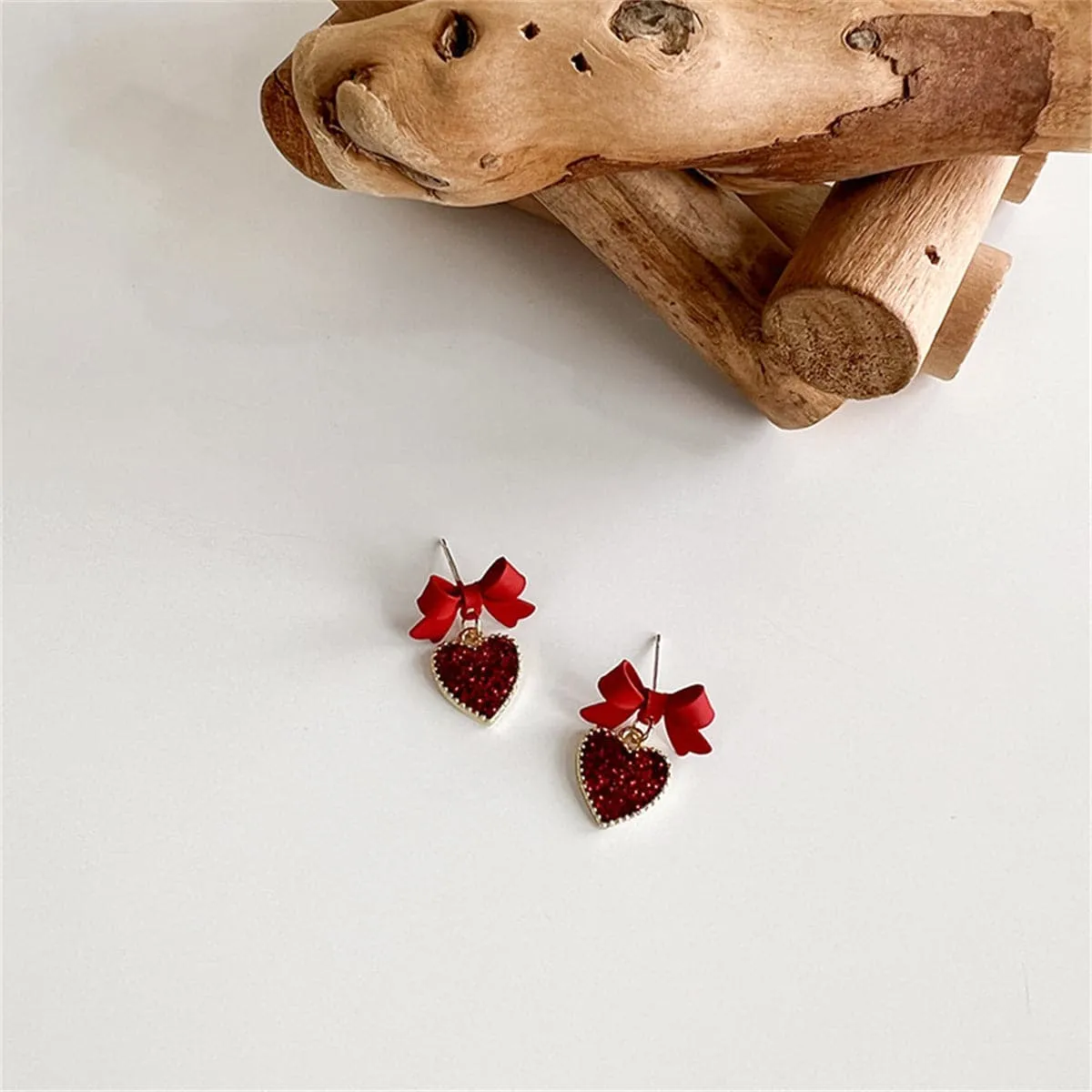 Red Enamel & Cubic Zirconia 18K Gold-Plated Bow Heart Drop Earrings