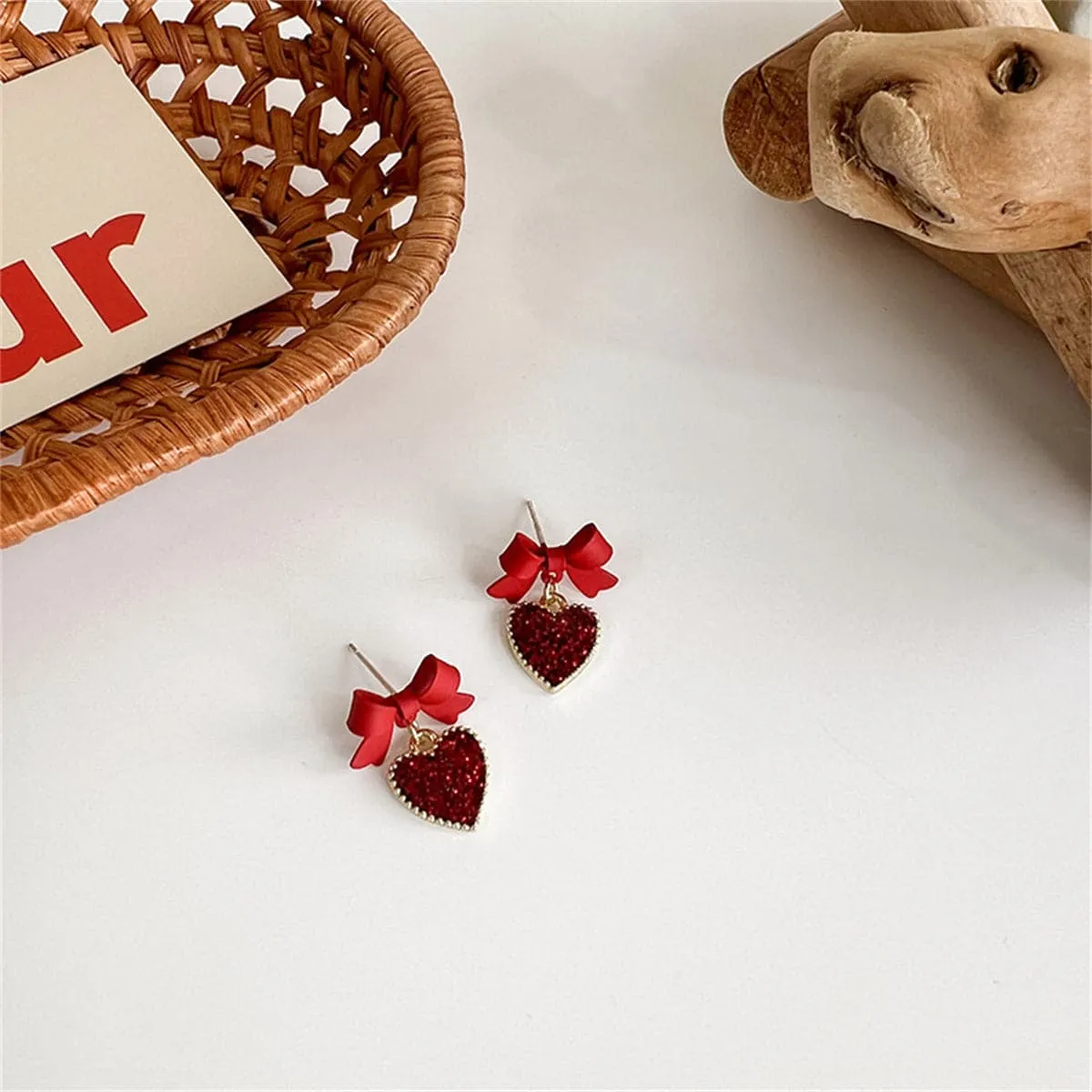 Red Enamel & Cubic Zirconia 18K Gold-Plated Bow Heart Drop Earrings