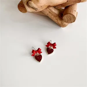 Red Enamel & Cubic Zirconia 18K Gold-Plated Bow Heart Drop Earrings
