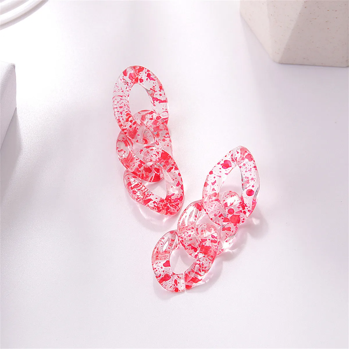 Red Resin & Silver-Plated Chain-Link Drop Earrings