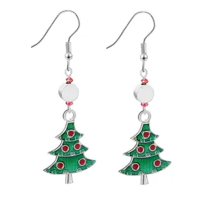 Red Rhinestone & Green Enamel Christmas Tree Drop Earrings